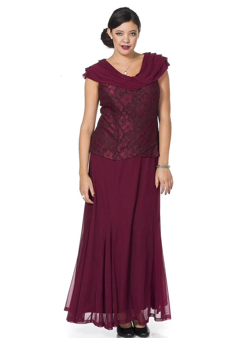 M.I.M Grote Maten Galajurk Met Sjaalkraag Bordeaux 1 M.I.M Grote Maten Galajurk Met Sjaalkraag Bordeaux